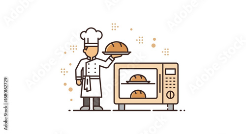 Cheerful baker holding freshly baked bread with an oven in a bakery shop setting illustration