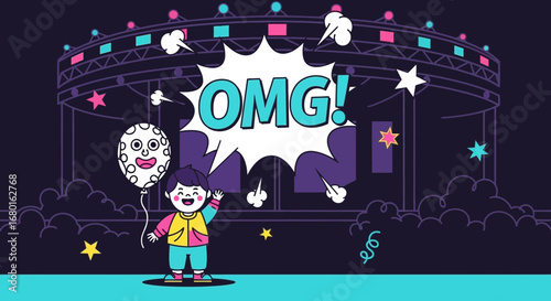 Cheerful cartoon illustration of a child with a balloon at a vibrant concert stage scene