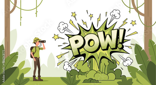 Adventurer startled by unexpected explosion in the jungle cartoon illustration