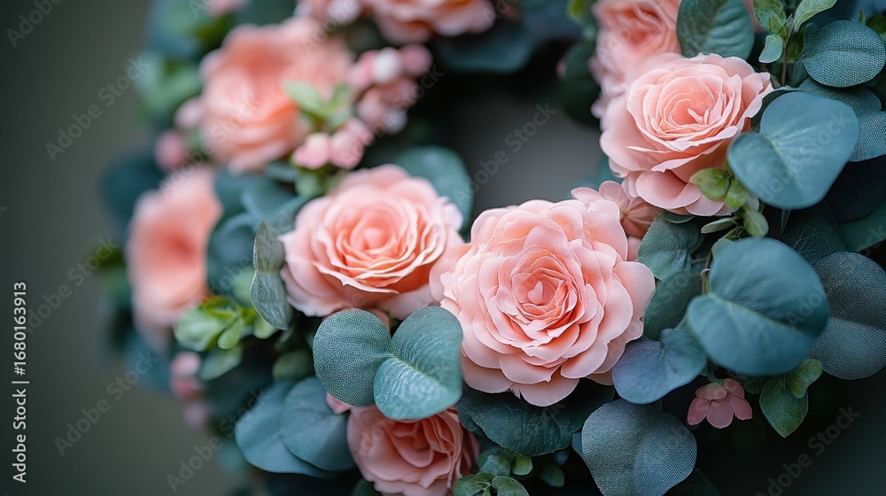 Fototapeta premium Close-up of a beautiful pink rose and eucalyptus floral wreath, featuring delicate fabric flowers and textured leaves with a soft, blurred background, perfect for romantic and elegant designs.