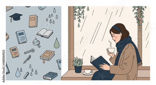 Cozy rainy day illustration featuring woman reading with books and rain pattern