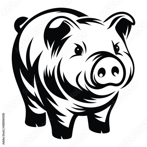 Monochrome illustration of a stylized pig with bold, contrasting designs elements