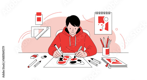 Creative artist passionately sketching a vibrant artwork at a well lit desk studio space