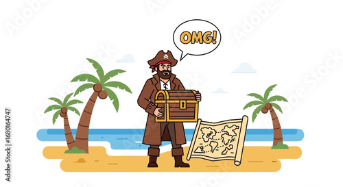 Cartoon Pirate Frustration After Misplacing Treasure, Map and Expressing OMG Reaction