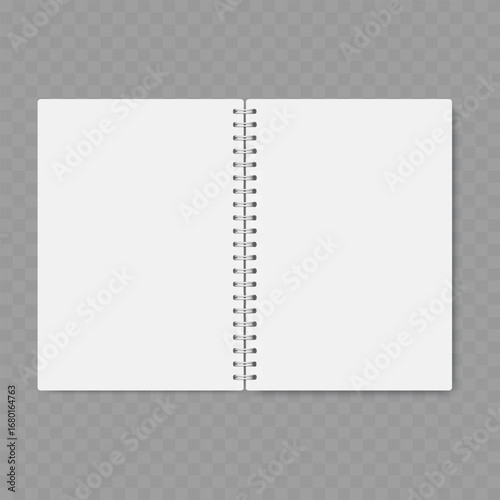 Realistic open spiral notebook with blank white pages mockup. Vector