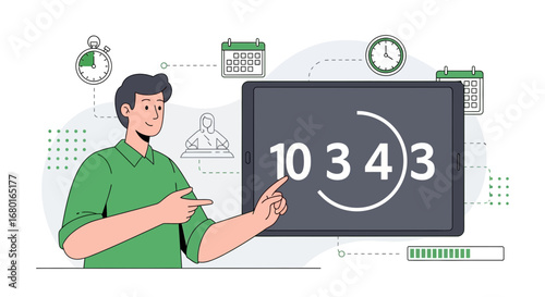 Conceptual flat illustration of an online presentation focusing on time management and planning
