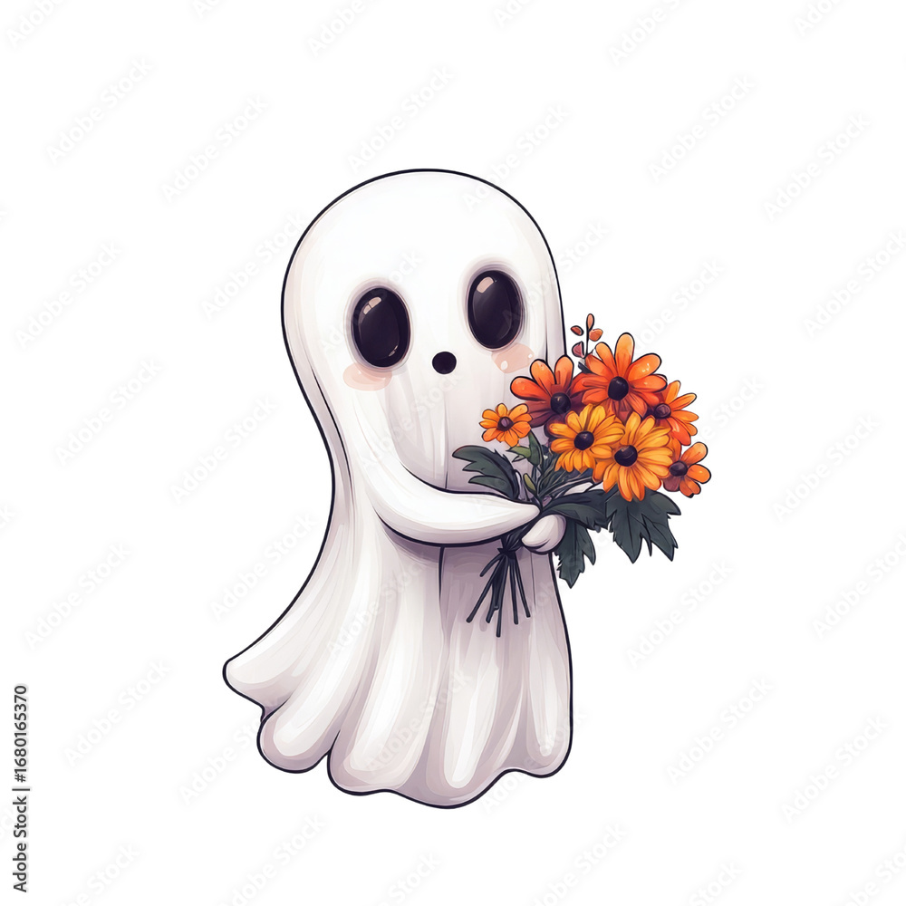 Obraz premium Cute ghost character holding a bouquet of flowers