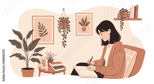 Cozy home environment with woman writing in notebook surrounded by plants and art