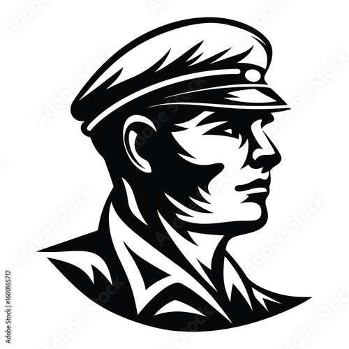Stylized Black and White Portrait of Military Officer in Peaked Cap