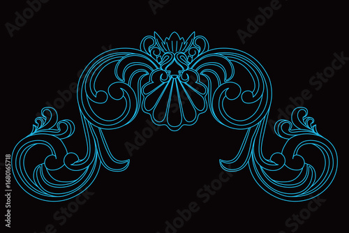 An ornate symmetrical classical decorative scroll design features a central shell motif.