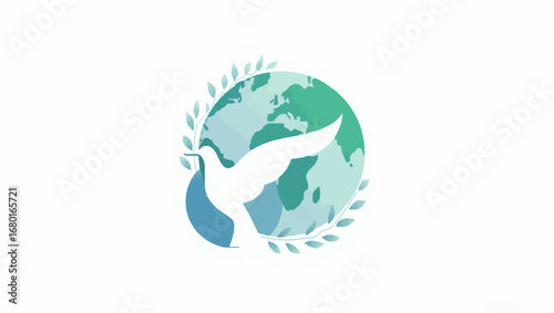 Symbol of global peace and harmony featuring a white dove with an olive branch flying over planet Earth