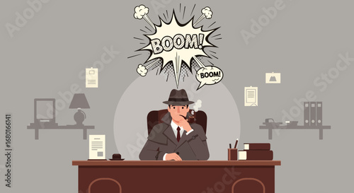 Detective cartoon character in office with comic bubble in investigation concept