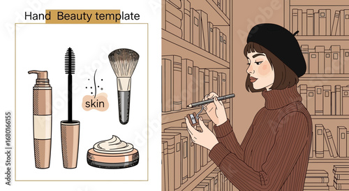 Elegance and intellect: A woman sharpens her makeup pencil amidst towering books