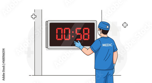 Doctor monitoring digital timer in hospital setting for patient care indicator of countdown to