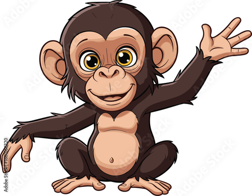 Cute cartoon monkey sitting with open hand gesture, happy chimpanzee illustration, jungle animal character, smiling primate drawing, playful wildlife art