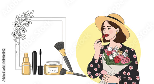Elegant woman applying lipstick with flowers and cosmetic products arrangement