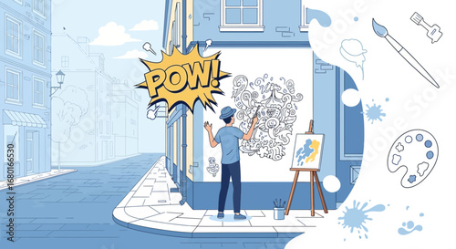 Dynamic Street Art: An Artist's Creative Expression in an Urban Landscape Scene