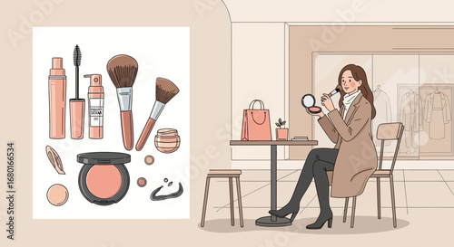 Elegant woman applying makeup at a café with cosmetics assortment illustration