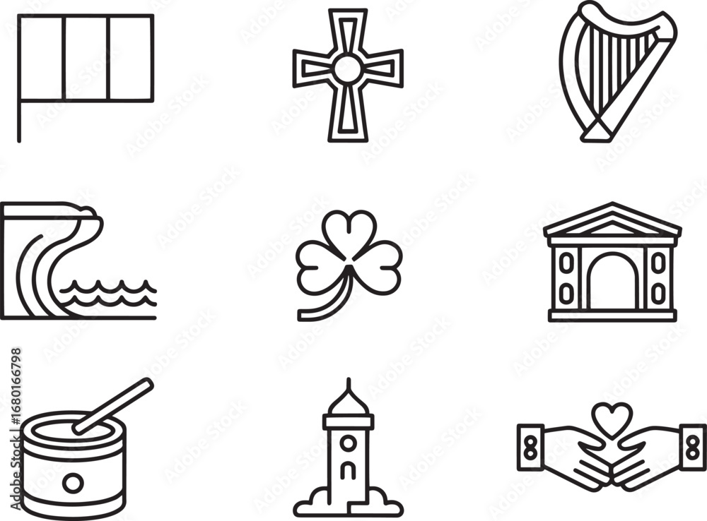 Fototapeta premium Ireland Cultural Symbols Line Art Collection Flag, Cross, Harp, Wave, Clover, Building, Drum, Tower