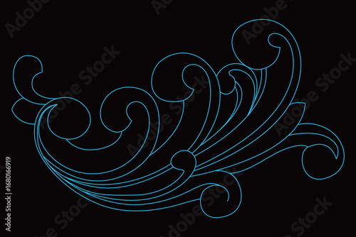 An elegant swirling leaf scroll decorative design shows intricate flowing lines.