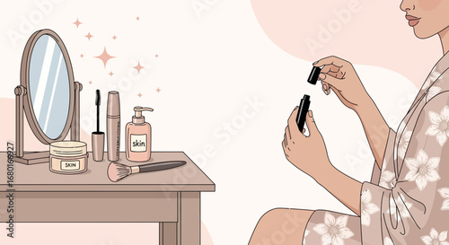 Elegant woman preparing for a beauty routine with skincare and cosmetics on vanity