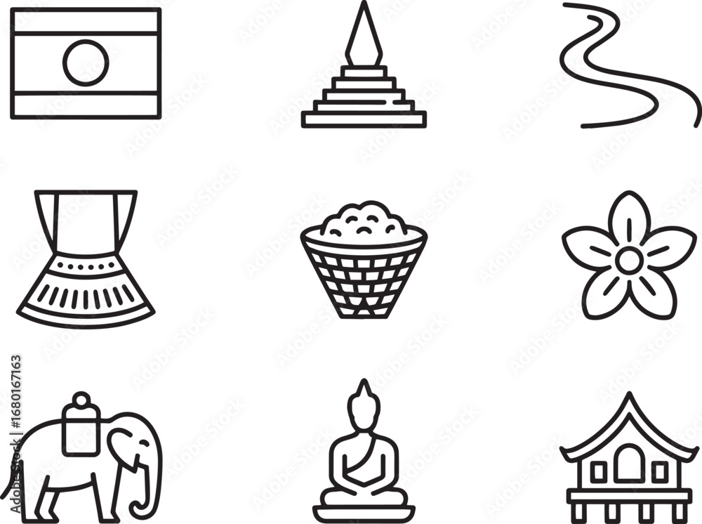 Naklejka premium Laos Travel Icons Set Outline Style National Flag, Temple, River, Skirt, Rice, Flower, Elephant