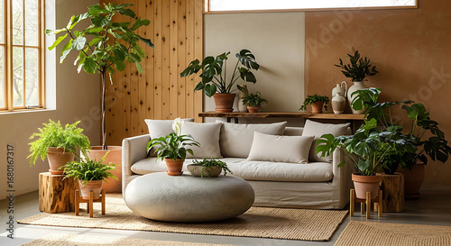 Cozy living room filled with lush green houseplants and comfortable seating.