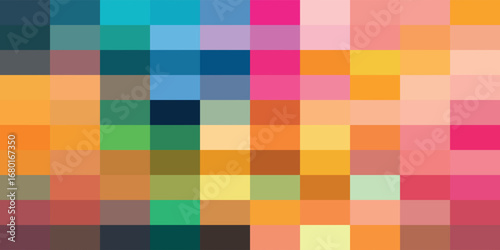 Abstract background of colorful squares arranged in a grid pattern, creating a pixelated or mosaic effect.