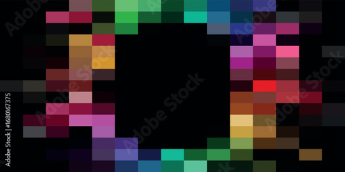 Abstract image of a square shape formed by colorful pixels against a black background.
