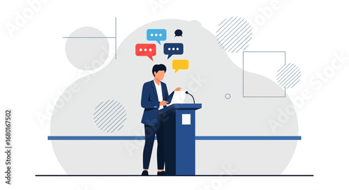 Formal presentation with speech bubbles, ideal for business communication concept and public