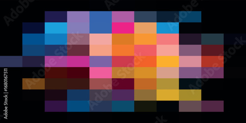 Abstract pixelated design featuring a variety of vibrant colors arranged in a grid pattern against a black background.