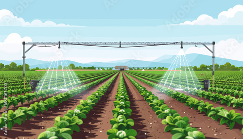 Linear irrigation system watering rows of crops in a vast agricultural field.