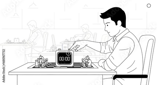 Focused Chess Player Starts Game Timer in Tournament Setting Illustration