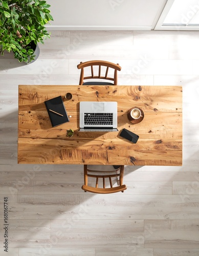 Overhead view of a wooden desk with laptop