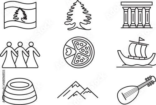 Outline Symbols of Georgia National Elements Flag Tree Columns People Pizza Boat Pot Mountain
