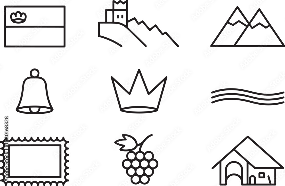 Fototapeta premium Outline Symbols of Montenegro National Elements Flag Mountains Crown Bell Frame Grapes House