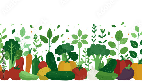 A vibrant illustration of various fresh vegetables and herbs in a garden setting.