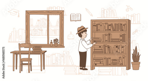 Illustration depicting a person arranging books in a cozy home library setting with natural light