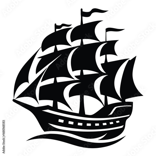 Black and White Silhouette of an Old Sailing Ship at Sea
