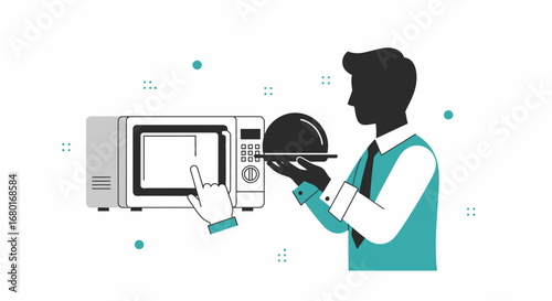 Illustration depicting a waiter preparing food with a microwave oven process and convenience of