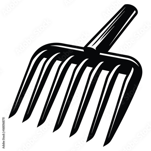 Monochrome illustration of a garden fork or hand cultivator implement