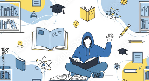 Illustration depicting a student surrounded by educational elements and books