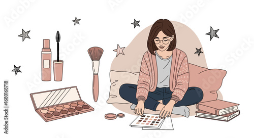 Illustration depicting a woman surrounded by makeup products and beauty accessories