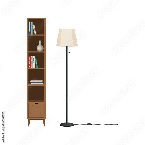 A modern 3D rendered office interior with a wooden desk, bookshelf, and chair under a stylish lamp