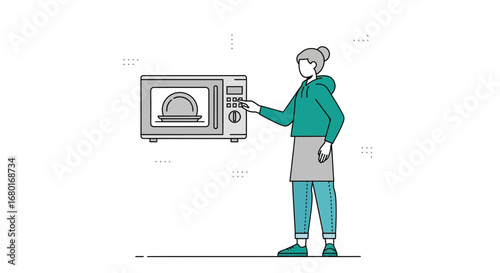 Illustration depicting a woman using a microwave to cook food or heat leftovers indoor kitchen scene