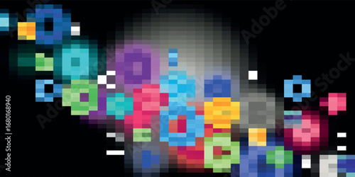 Abstract arrangement of colorful, pixelated, gear-shaped objects against a dark background with a gradient light source.