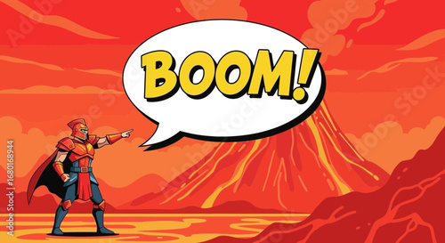 Illustration featuring a warrior figure pointing towards an erupting volcano with a boom