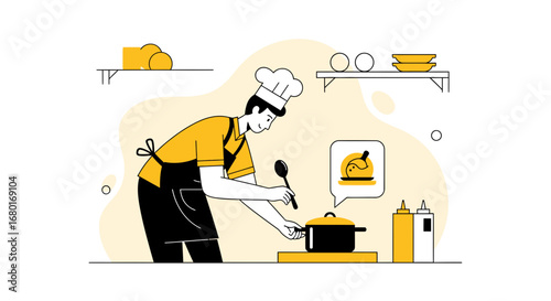 Illustration of a Chef Cooking Delicious Food in a Restaurant or Home Kitchen
