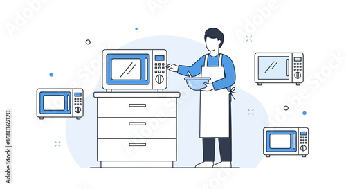 Illustration of a cook using a microwave oven surrounded by other microwaves models