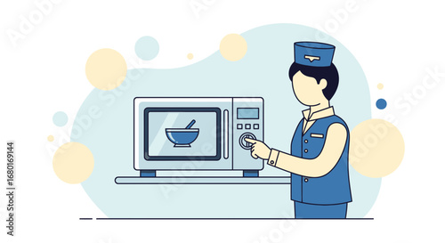 Illustration of a chef using a microwave oven to heat a food bowl icon vector